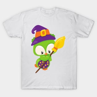 Halloween Owl, Cute Owl, Green Owl, Witch Broom T-Shirt